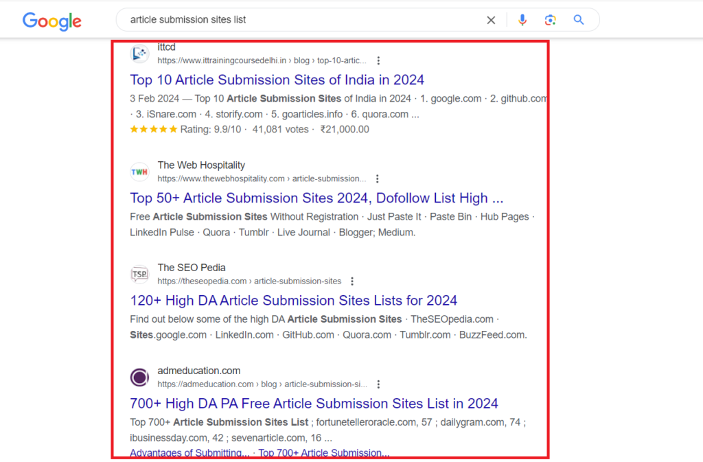 article submission sites list on Googel SERP